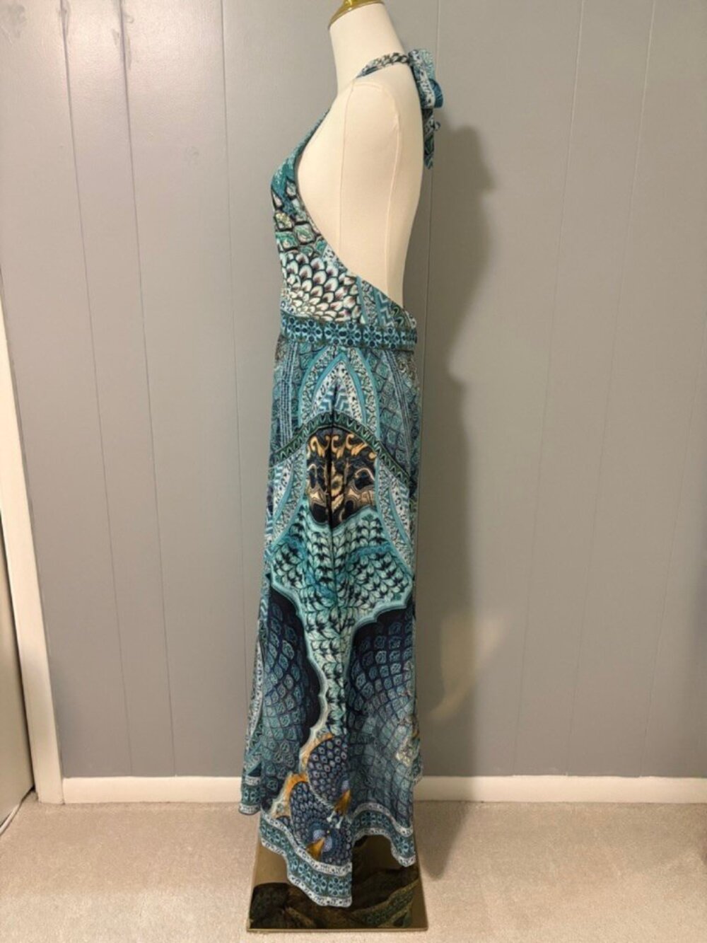CAMILLA Turn on the Charm Blue Silk Tie Neck Halter Wide Leg Jumpsuit Crystal XS - Picture 14 of 16